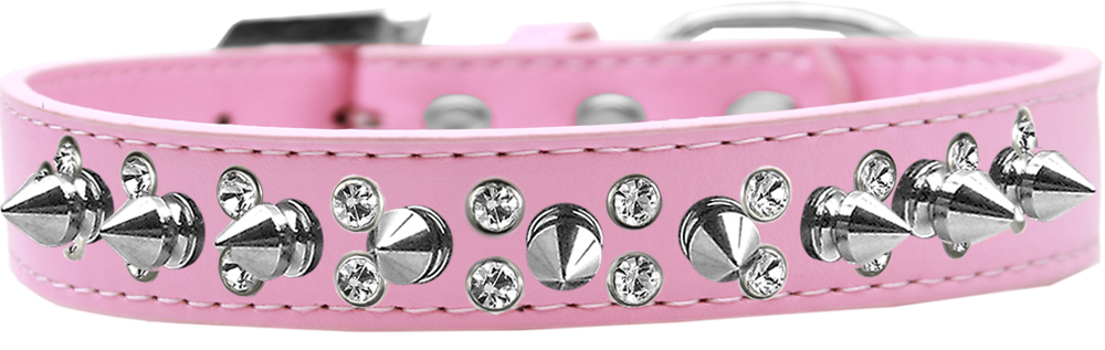 Double Crystal and Silver Spikes Dog Collar Light Pink Size 12